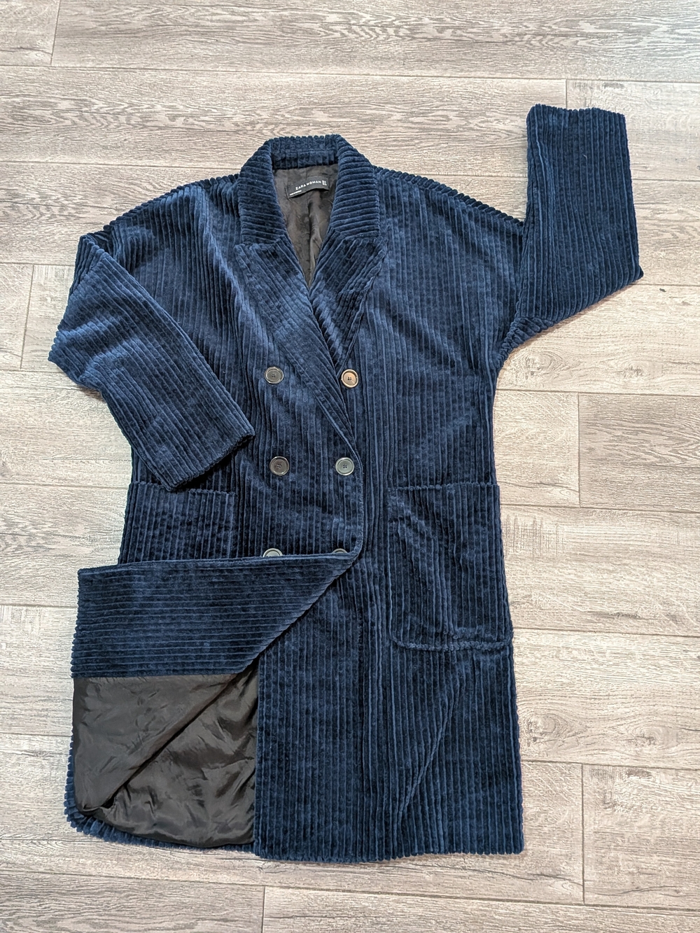 ZARA WOMAN Navy Blue Corduroy Long Coat Jacket Double Breasted Mid-Length Size M